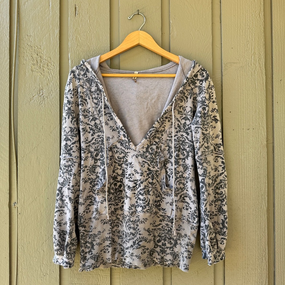 Cubism Damask Print Hoodie Women Medium V-Neck Raw Edge Boho Gray D06-1078